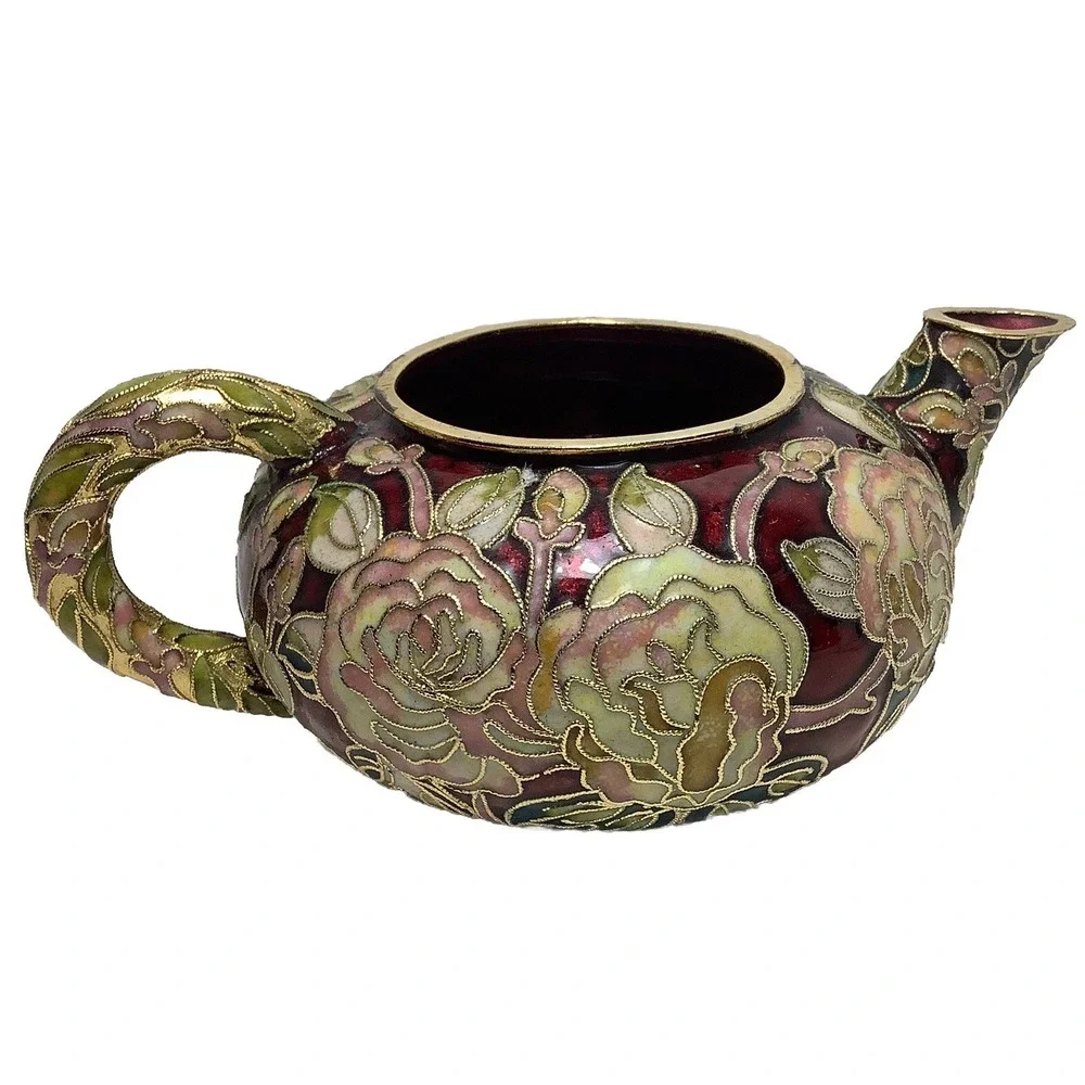 Vtg Floral Cloisonne Teapot Music‎ Box Works Moon River Limited Edition No Lid